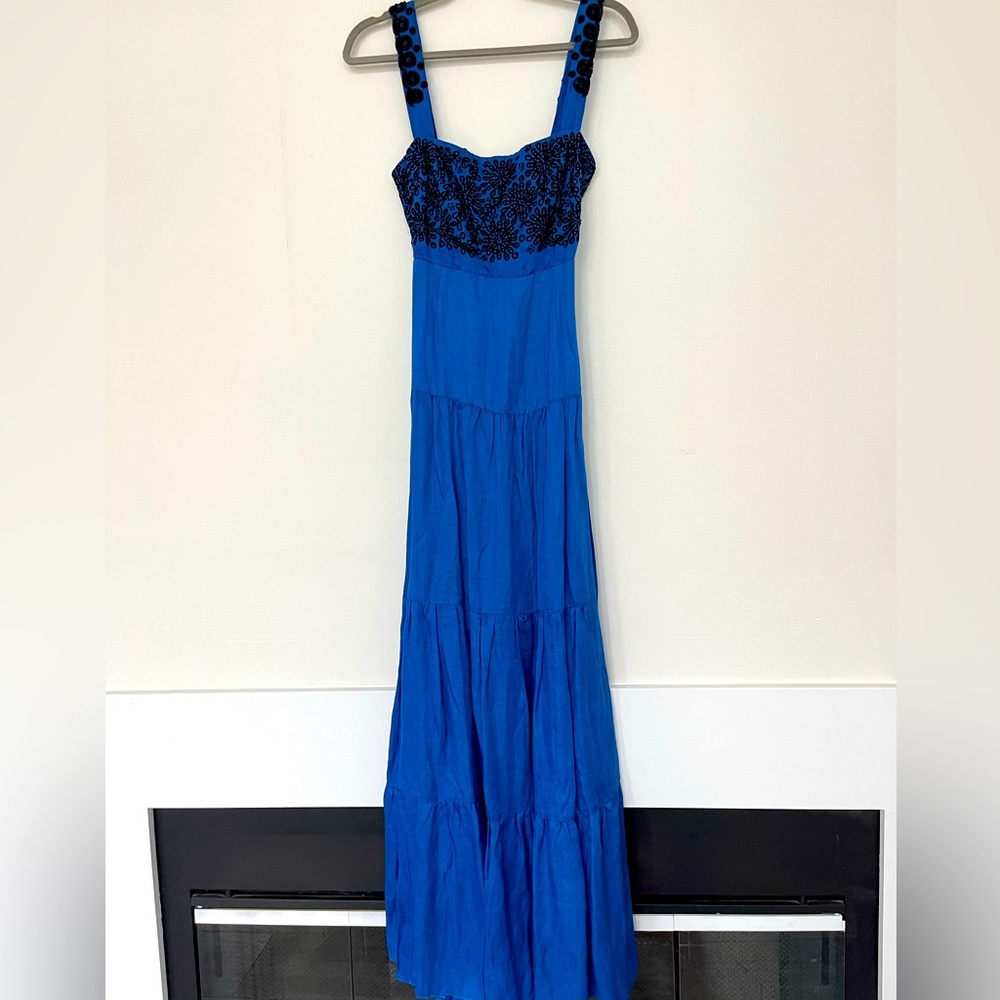 Linen blue long dress with embroidery